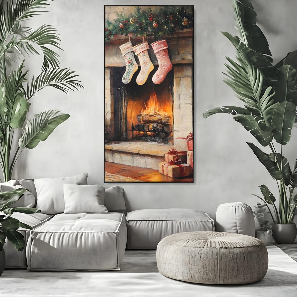 Tablou Canvas Premium, LuxCanva® D1071, Poveste langa Semineu, Ciorapi, Craciun, Brad, Impodobit, Cadou, Foc, Lemne, Familie, Camin, Soba, Fericire, Emotie, Magie, Camera Copil, Living, Dormitor