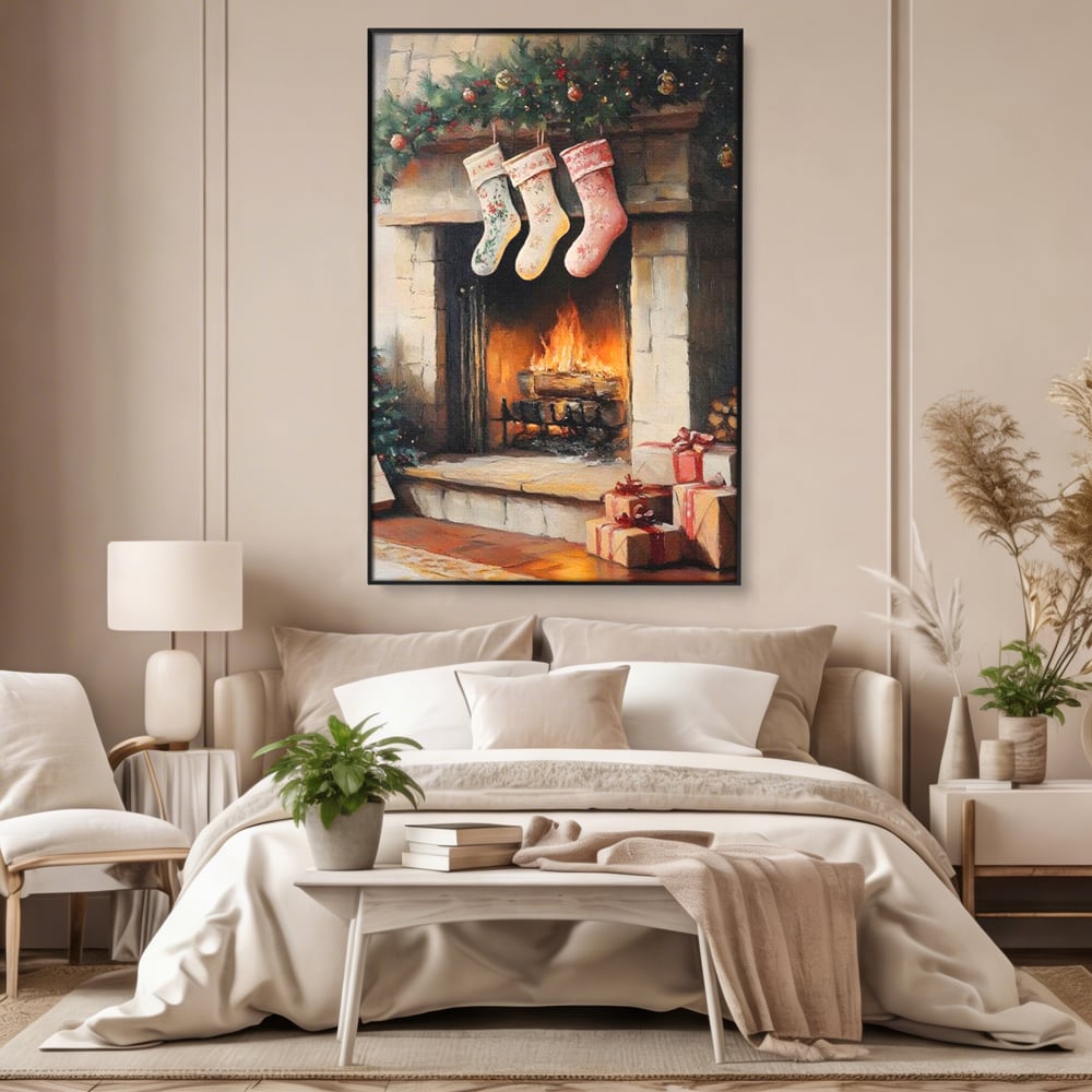 Tablou Canvas Premium, LuxCanva® D1071, Poveste langa Semineu, Ciorapi, Craciun, Brad, Impodobit, Cadou, Foc, Lemne, Familie, Camin, Soba, Fericire, Emotie, Magie, Camera Copil, Living, Dormitor