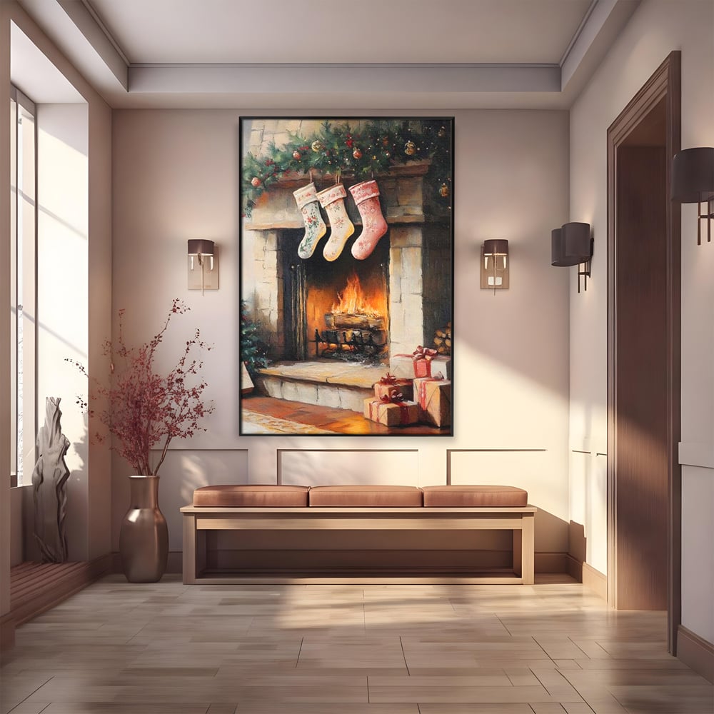 Tablou Canvas Premium, LuxCanva® D1071, Poveste langa Semineu, Ciorapi, Craciun, Brad, Impodobit, Cadou, Foc, Lemne, Familie, Camin, Soba, Fericire, Emotie, Magie, Camera Copil, Living, Dormitor