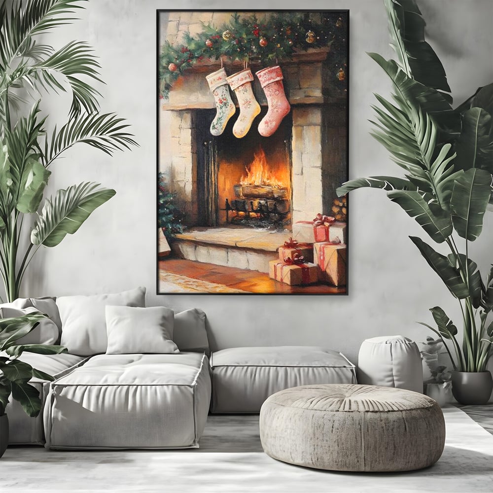 Tablou Canvas Premium, LuxCanva® D1071, Poveste langa Semineu, Ciorapi, Craciun, Brad, Impodobit, Cadou, Foc, Lemne, Familie, Camin, Soba, Fericire, Emotie, Magie, Camera Copil, Living, Dormitor