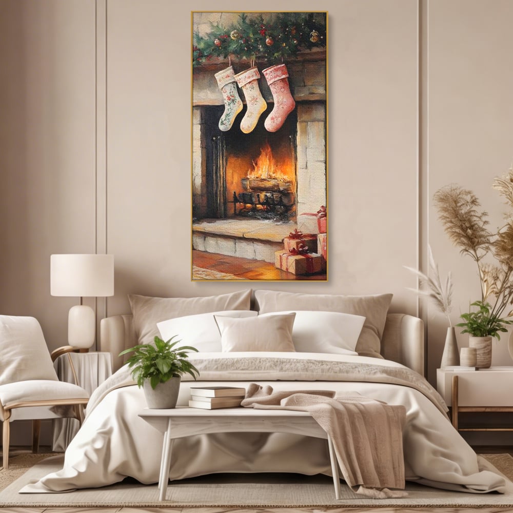 Tablou Canvas Premium, LuxCanva® D1071, Poveste langa Semineu, Ciorapi, Craciun, Brad, Impodobit, Cadou, Foc, Lemne, Familie, Camin, Soba, Fericire, Emotie, Magie, Camera Copil, Living, Dormitor