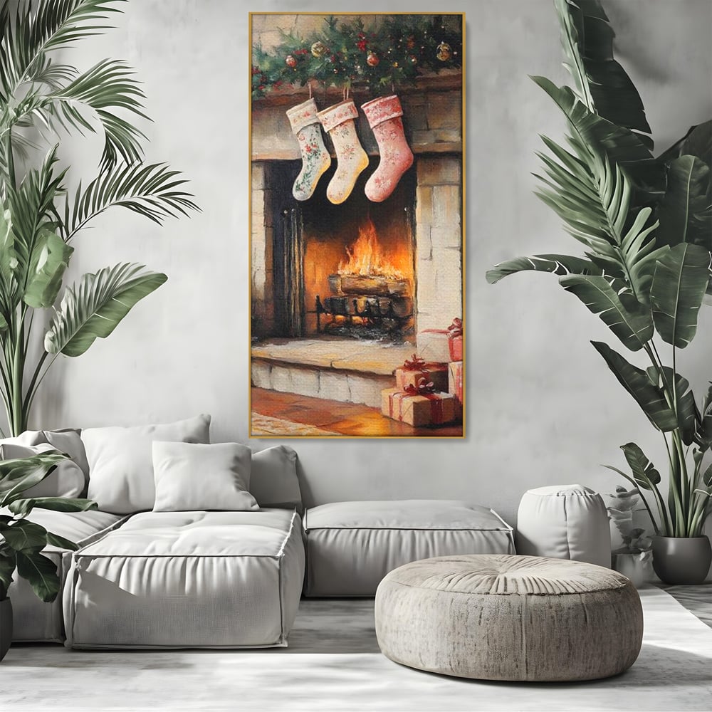 Tablou Canvas Premium, LuxCanva® D1071, Poveste langa Semineu, Ciorapi, Craciun, Brad, Impodobit, Cadou, Foc, Lemne, Familie, Camin, Soba, Fericire, Emotie, Magie, Camera Copil, Living, Dormitor