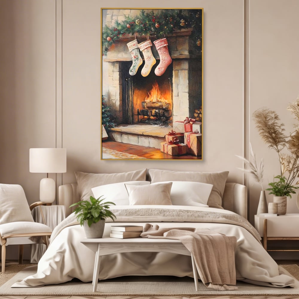 Tablou Canvas Premium, LuxCanva® D1071, Poveste langa Semineu, Ciorapi, Craciun, Brad, Impodobit, Cadou, Foc, Lemne, Familie, Camin, Soba, Fericire, Emotie, Magie, Camera Copil, Living, Dormitor