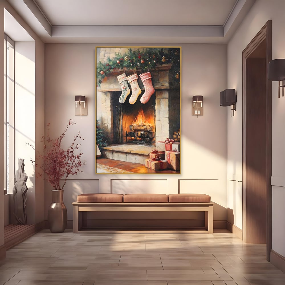 Tablou Canvas Premium, LuxCanva® D1071, Poveste langa Semineu, Ciorapi, Craciun, Brad, Impodobit, Cadou, Foc, Lemne, Familie, Camin, Soba, Fericire, Emotie, Magie, Camera Copil, Living, Dormitor