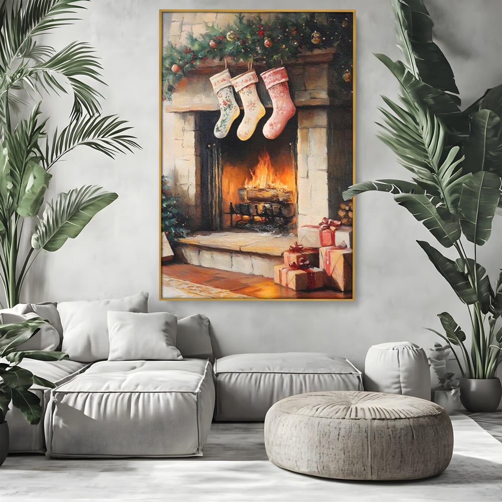 Tablou Canvas Premium, LuxCanva® D1071, Poveste langa Semineu, Ciorapi, Craciun, Brad, Impodobit, Cadou, Foc, Lemne, Familie, Camin, Soba, Fericire, Emotie, Magie, Camera Copil, Living, Dormitor