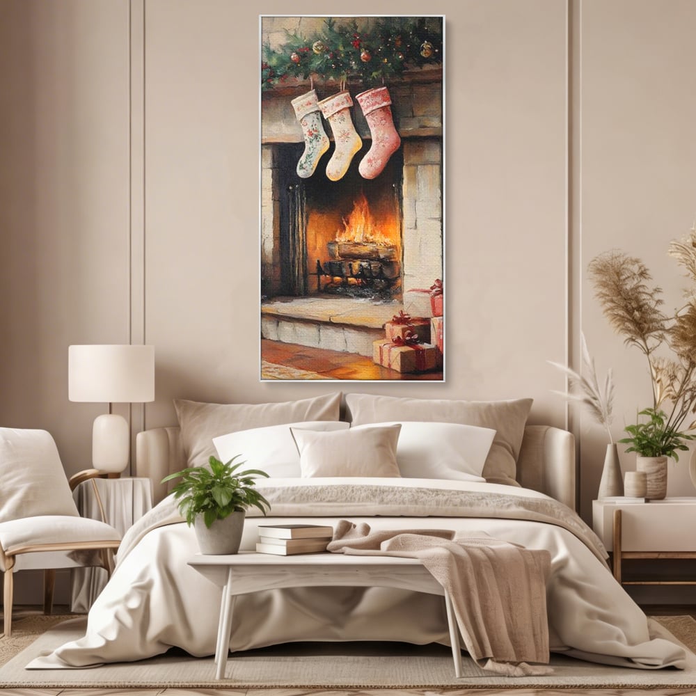 Tablou Canvas Premium, LuxCanva® D1071, Poveste langa Semineu, Ciorapi, Craciun, Brad, Impodobit, Cadou, Foc, Lemne, Familie, Camin, Soba, Fericire, Emotie, Magie, Camera Copil, Living, Dormitor