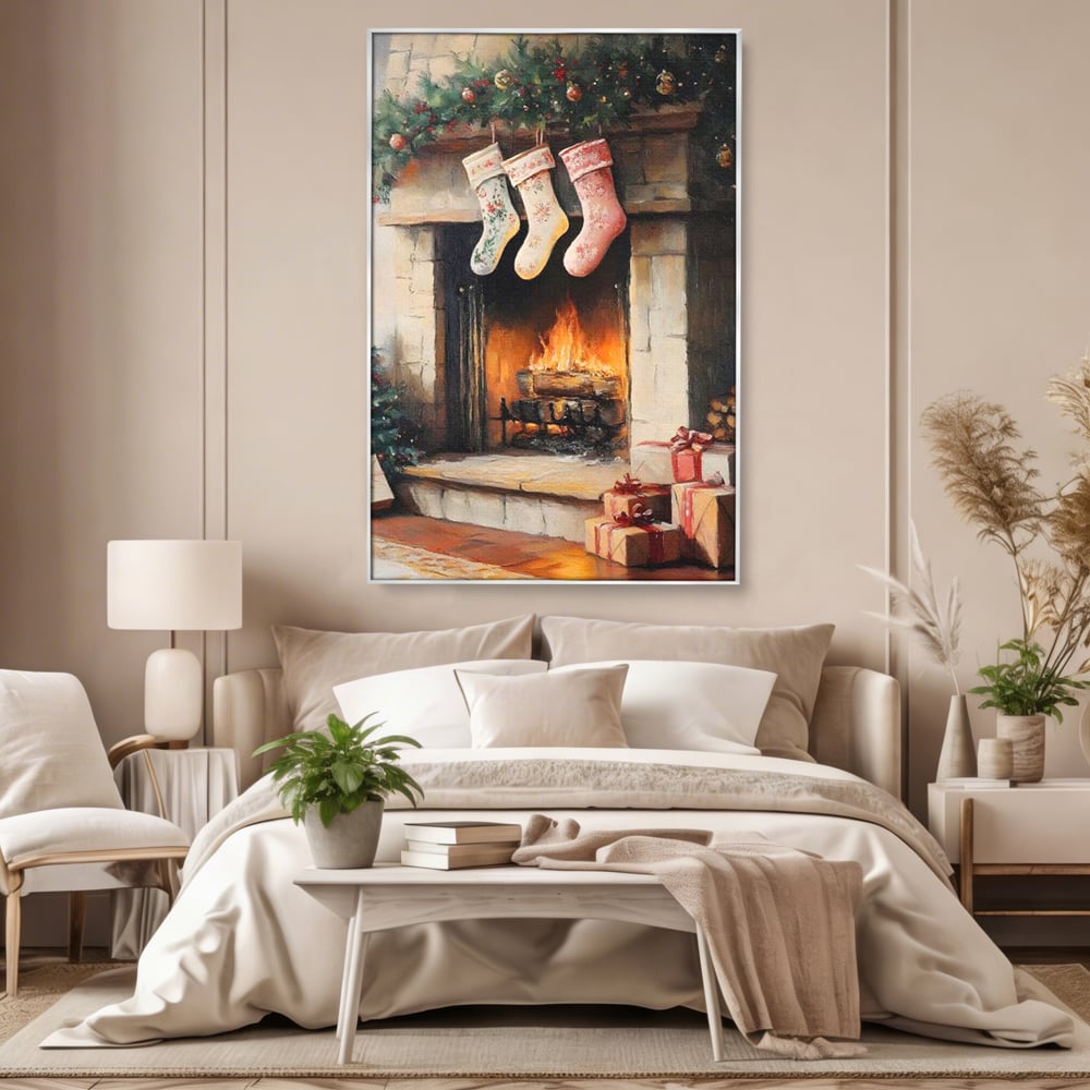 Tablou Canvas Premium, LuxCanva® D1071, Poveste langa Semineu, Ciorapi, Craciun, Brad, Impodobit, Cadou, Foc, Lemne, Familie, Camin, Soba, Fericire, Emotie, Magie, Camera Copil, Living, Dormitor