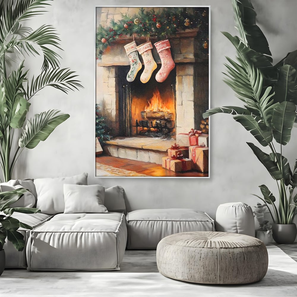 Tablou Canvas Premium, LuxCanva® D1071, Poveste langa Semineu, Ciorapi, Craciun, Brad, Impodobit, Cadou, Foc, Lemne, Familie, Camin, Soba, Fericire, Emotie, Magie, Camera Copil, Living, Dormitor