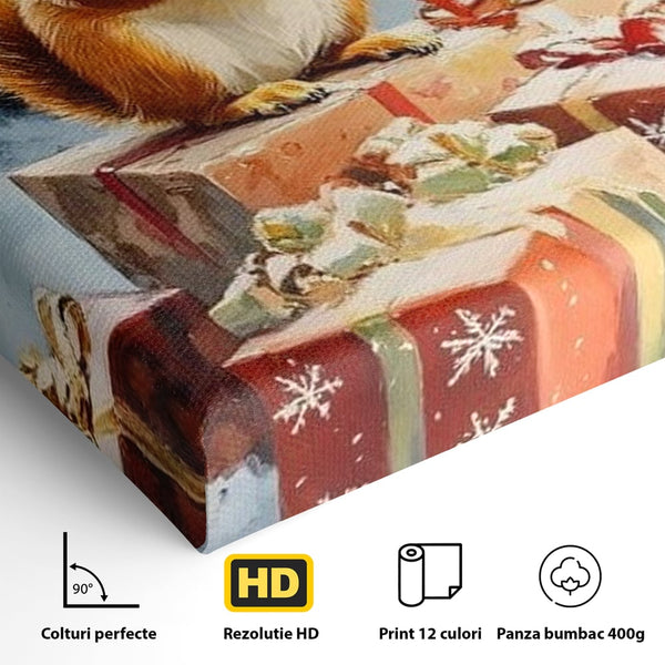 Leinwand Wandkunst Canvas Wall Art Premium, LuxCanva® D1072, Geschenk Hüter, Eichhörnchen, Boxen, Verpackung, Schenken, Schnee, Tannenbaum, Natur, Winter, Überraschung, Tier, Tier, Wild, Wald, Wild, Kinderzimmer, Wohnen, Schlafzimmer