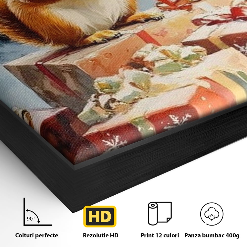 Leinwand Wandkunst Canvas Wall Art Premium, LuxCanva® D1072, Geschenk Hüter, Eichhörnchen, Boxen, Verpackung, Schenken, Schnee, Tannenbaum, Natur, Winter, Überraschung, Tier, Tier, Wild, Wald, Wild, Kinderzimmer, Wohnen, Schlafzimmer