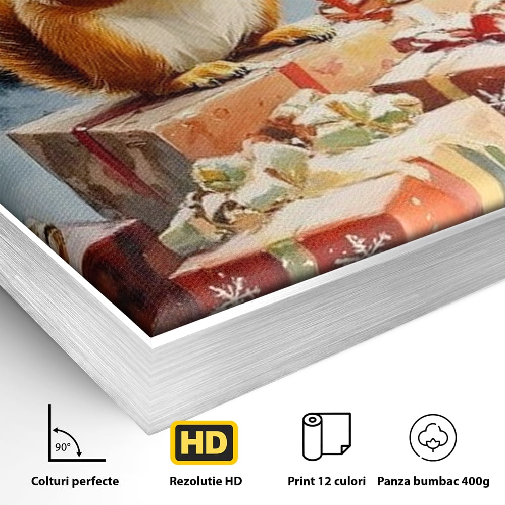 Leinwand Wandkunst Canvas Wall Art Premium, LuxCanva® D1072, Geschenk Hüter, Eichhörnchen, Boxen, Verpackung, Schenken, Schnee, Tannenbaum, Natur, Winter, Überraschung, Tier, Tier, Wild, Wald, Wild, Kinderzimmer, Wohnen, Schlafzimmer