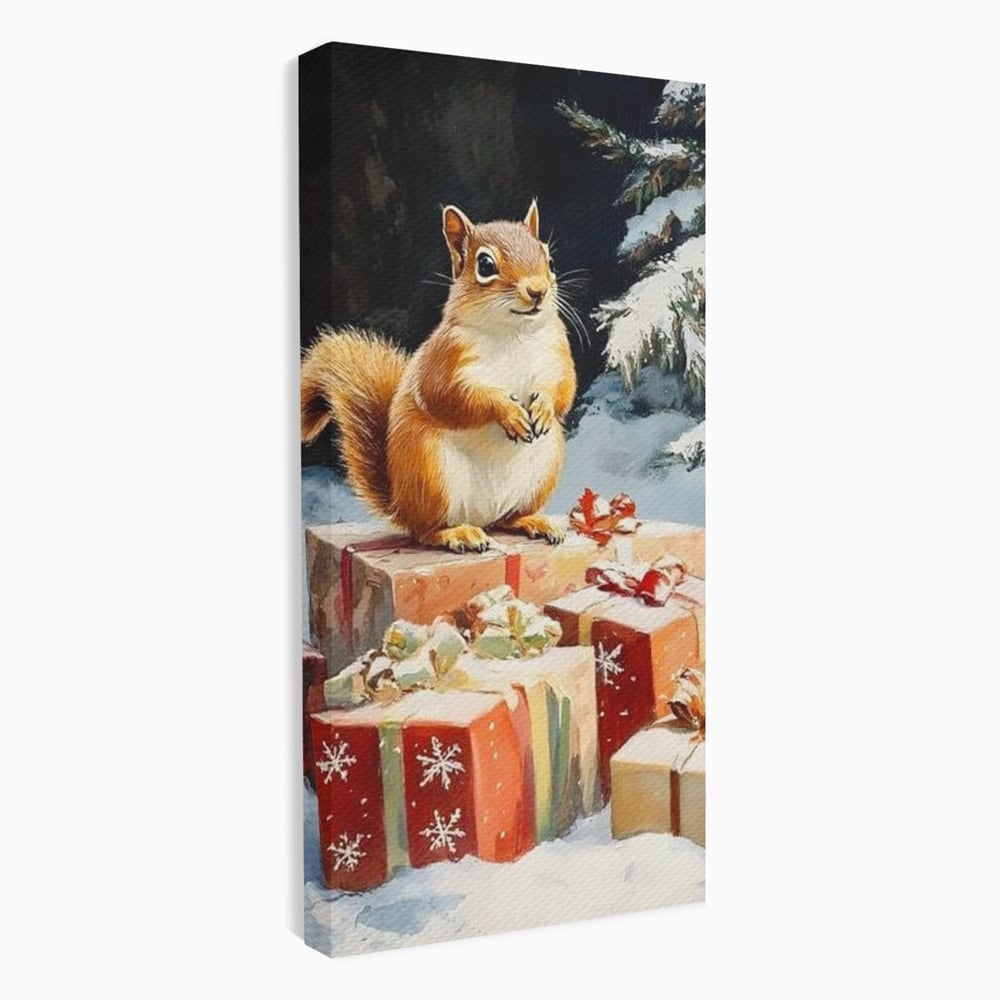 Leinwand Wandkunst Canvas Wall Art Premium, LuxCanva® D1072, Geschenk Hüter, Eichhörnchen, Boxen, Verpackung, Schenken, Schnee, Tannenbaum, Natur, Winter, Überraschung, Tier, Tier, Wild, Wald, Wild, Kinderzimmer, Wohnen, Schlafzimmer