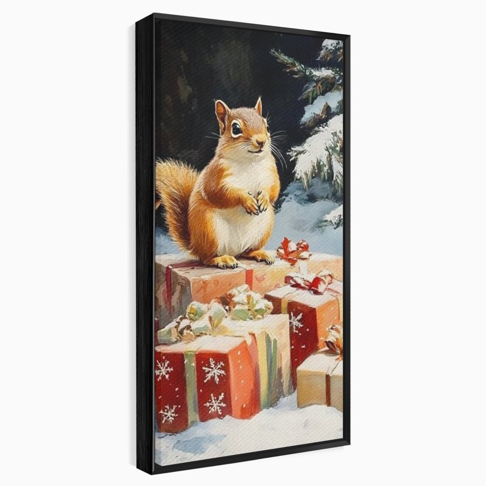 Leinwand Wandkunst Canvas Wall Art Premium, LuxCanva® D1072, Geschenk Hüter, Eichhörnchen, Boxen, Verpackung, Schenken, Schnee, Tannenbaum, Natur, Winter, Überraschung, Tier, Tier, Wild, Wald, Wild, Kinderzimmer, Wohnen, Schlafzimmer