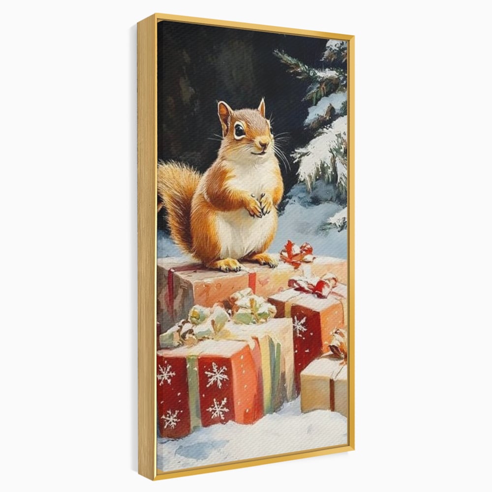 Leinwand Wandkunst Canvas Wall Art Premium, LuxCanva® D1072, Geschenk Hüter, Eichhörnchen, Boxen, Verpackung, Schenken, Schnee, Tannenbaum, Natur, Winter, Überraschung, Tier, Tier, Wild, Wald, Wild, Kinderzimmer, Wohnen, Schlafzimmer