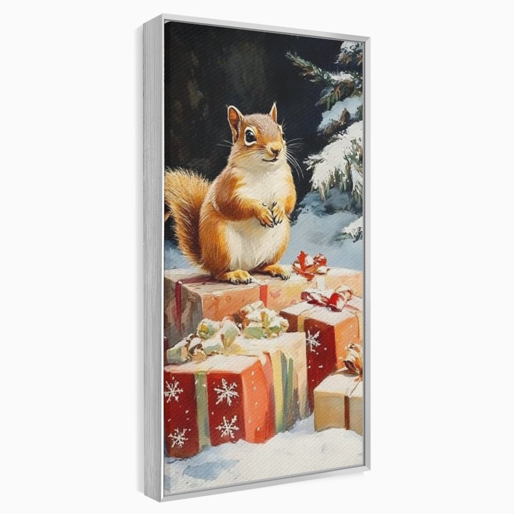 Leinwand Wandkunst Canvas Wall Art Premium, LuxCanva® D1072, Geschenk Hüter, Eichhörnchen, Boxen, Verpackung, Schenken, Schnee, Tannenbaum, Natur, Winter, Überraschung, Tier, Tier, Wild, Wald, Wild, Kinderzimmer, Wohnen, Schlafzimmer