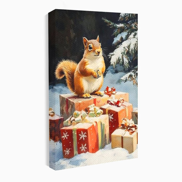 Leinwand Wandkunst Canvas Wall Art Premium, LuxCanva® D1072, Geschenk Hüter, Eichhörnchen, Boxen, Verpackung, Schenken, Schnee, Tannenbaum, Natur, Winter, Überraschung, Tier, Tier, Wild, Wald, Wild, Kinderzimmer, Wohnen, Schlafzimmer