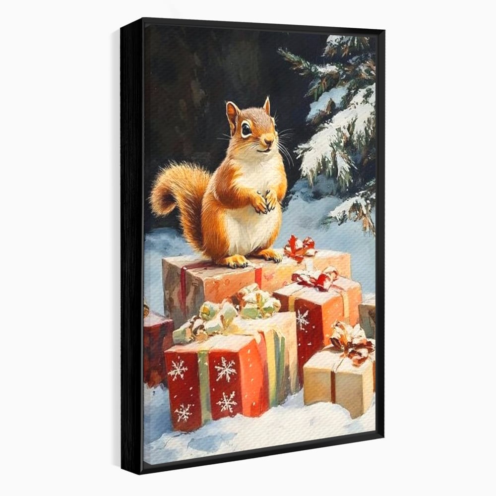 Leinwand Wandkunst Canvas Wall Art Premium, LuxCanva® D1072, Geschenk Hüter, Eichhörnchen, Boxen, Verpackung, Schenken, Schnee, Tannenbaum, Natur, Winter, Überraschung, Tier, Tier, Wild, Wald, Wild, Kinderzimmer, Wohnen, Schlafzimmer