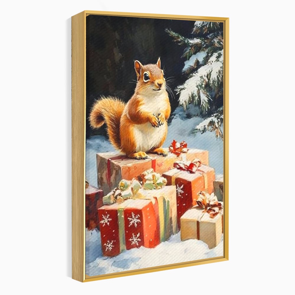 Leinwand Wandkunst Canvas Wall Art Premium, LuxCanva® D1072, Geschenk Hüter, Eichhörnchen, Boxen, Verpackung, Schenken, Schnee, Tannenbaum, Natur, Winter, Überraschung, Tier, Tier, Wild, Wald, Wild, Kinderzimmer, Wohnen, Schlafzimmer
