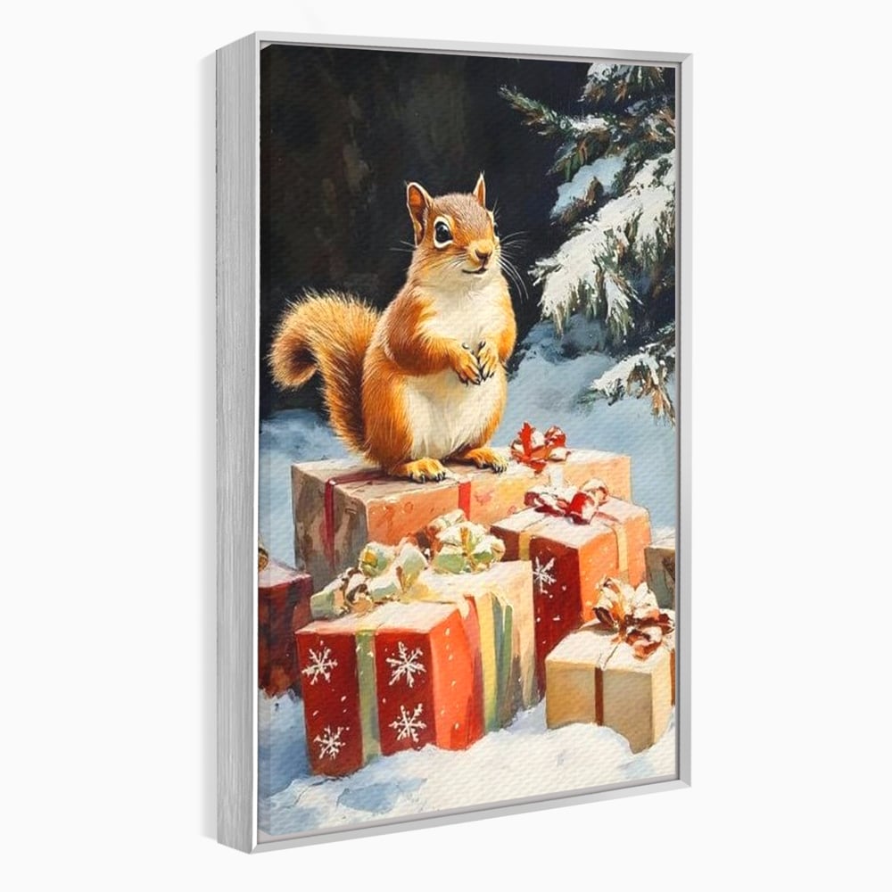 Leinwand Wandkunst Canvas Wall Art Premium, LuxCanva® D1072, Geschenk Hüter, Eichhörnchen, Boxen, Verpackung, Schenken, Schnee, Tannenbaum, Natur, Winter, Überraschung, Tier, Tier, Wild, Wald, Wild, Kinderzimmer, Wohnen, Schlafzimmer