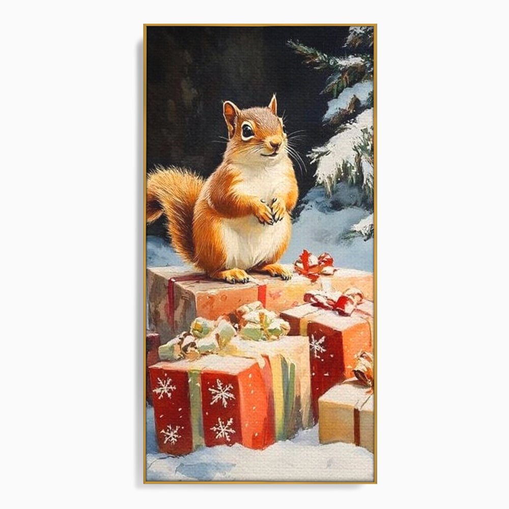Leinwand Wandkunst Canvas Wall Art Premium, LuxCanva® D1072, Geschenk Hüter, Eichhörnchen, Boxen, Verpackung, Schenken, Schnee, Tannenbaum, Natur, Winter, Überraschung, Tier, Tier, Wild, Wald, Wild, Kinderzimmer, Wohnen, Schlafzimmer