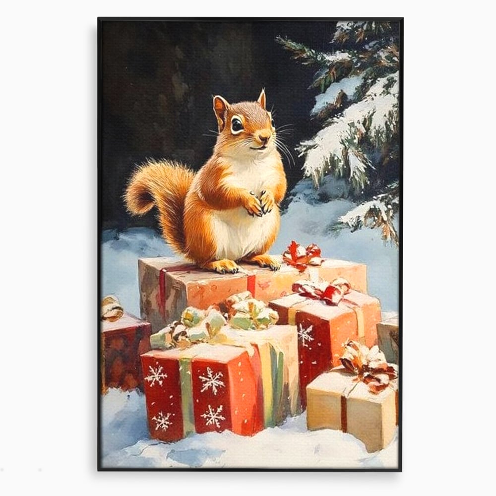 Leinwand Wandkunst Canvas Wall Art Premium, LuxCanva® D1072, Geschenk Hüter, Eichhörnchen, Boxen, Verpackung, Schenken, Schnee, Tannenbaum, Natur, Winter, Überraschung, Tier, Tier, Wild, Wald, Wild, Kinderzimmer, Wohnen, Schlafzimmer