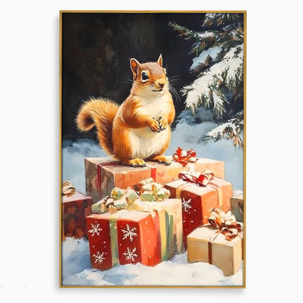 Leinwand Wandkunst Canvas Wall Art Premium, LuxCanva® D1072, Geschenk Hüter, Eichhörnchen, Boxen, Verpackung, Schenken, Schnee, Tannenbaum, Natur, Winter, Überraschung, Tier, Tier, Wild, Wald, Wild, Kinderzimmer, Wohnen, Schlafzimmer