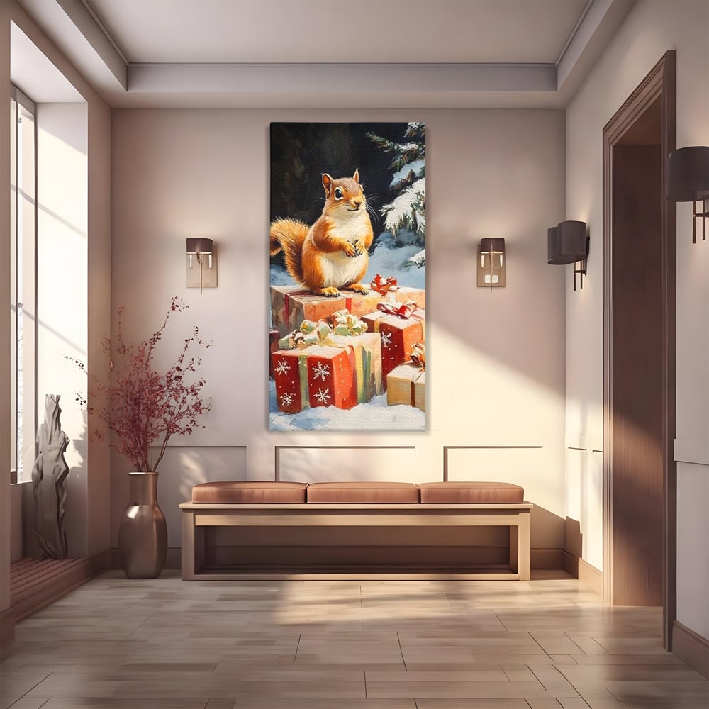 Leinwand Wandkunst Canvas Wall Art Premium, LuxCanva® D1072, Geschenk Hüter, Eichhörnchen, Boxen, Verpackung, Schenken, Schnee, Tannenbaum, Natur, Winter, Überraschung, Tier, Tier, Wild, Wald, Wild, Kinderzimmer, Wohnen, Schlafzimmer
