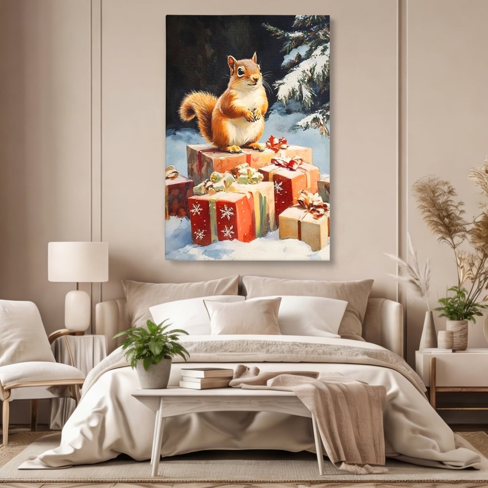Leinwand Wandkunst Canvas Wall Art Premium, LuxCanva® D1072, Geschenk Hüter, Eichhörnchen, Boxen, Verpackung, Schenken, Schnee, Tannenbaum, Natur, Winter, Überraschung, Tier, Tier, Wild, Wald, Wild, Kinderzimmer, Wohnen, Schlafzimmer