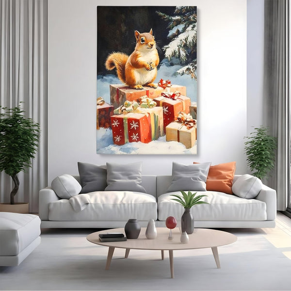 Leinwand Wandkunst Canvas Wall Art Premium, LuxCanva® D1072, Geschenk Hüter, Eichhörnchen, Boxen, Verpackung, Schenken, Schnee, Tannenbaum, Natur, Winter, Überraschung, Tier, Tier, Wild, Wald, Wild, Kinderzimmer, Wohnen, Schlafzimmer