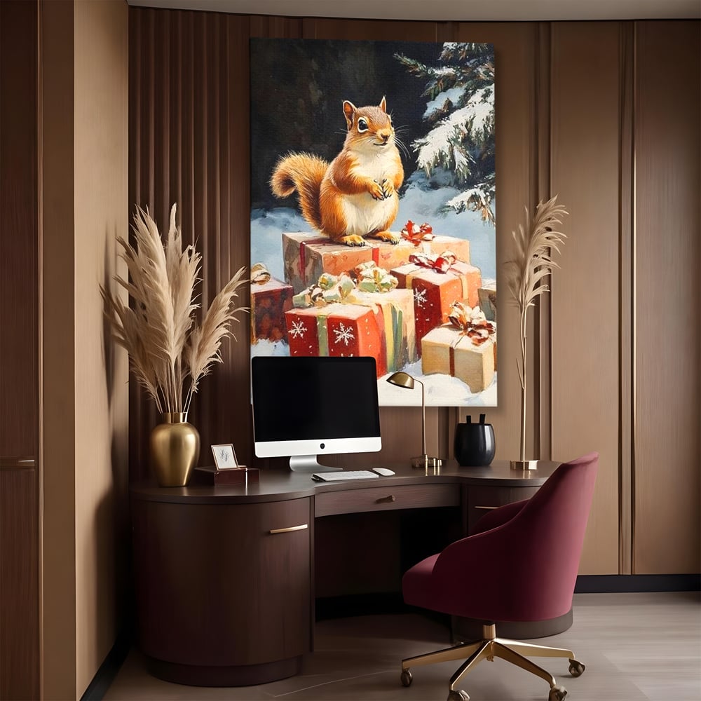 Leinwand Wandkunst Canvas Wall Art Premium, LuxCanva® D1072, Geschenk Hüter, Eichhörnchen, Boxen, Verpackung, Schenken, Schnee, Tannenbaum, Natur, Winter, Überraschung, Tier, Tier, Wild, Wald, Wild, Kinderzimmer, Wohnen, Schlafzimmer