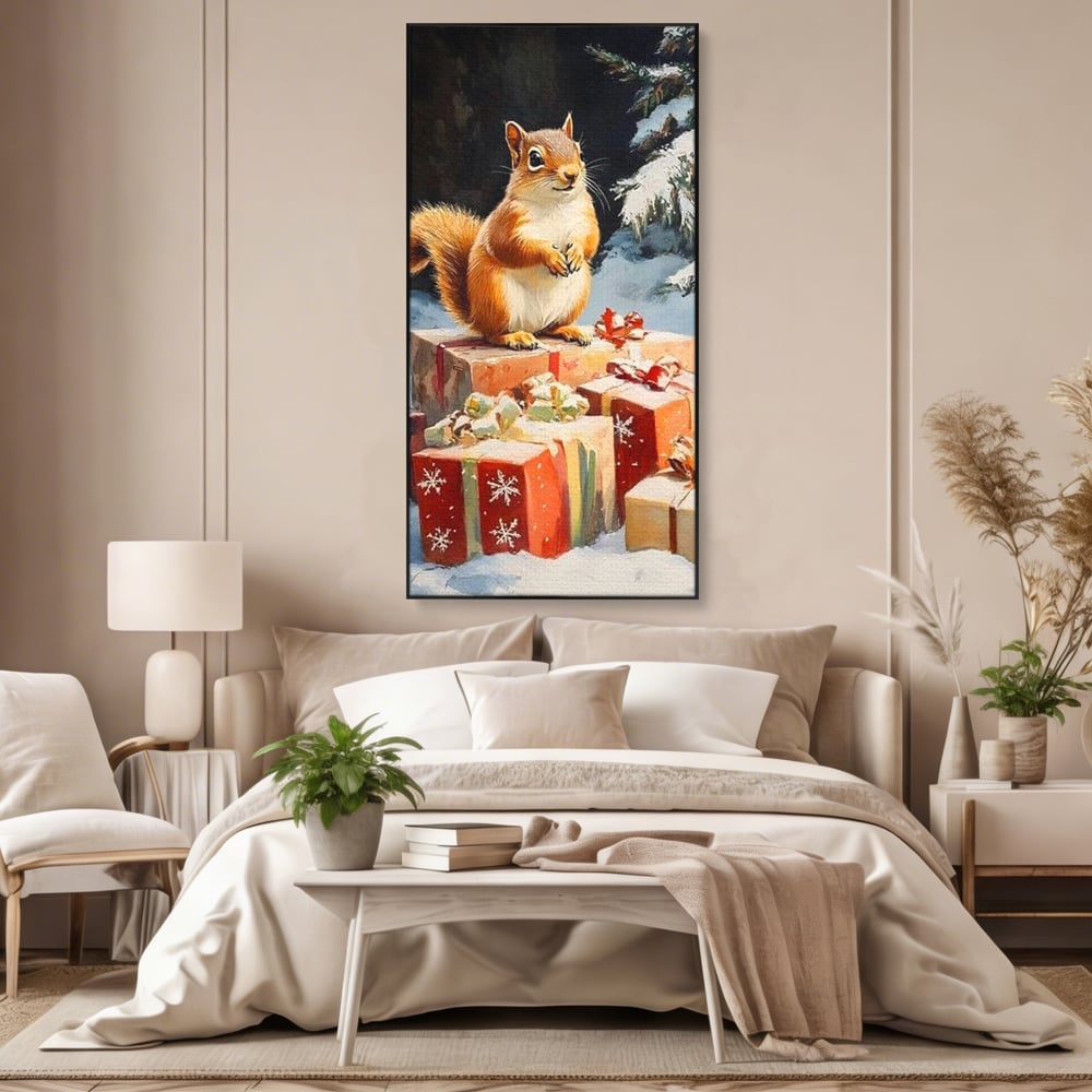 Leinwand Wandkunst Canvas Wall Art Premium, LuxCanva® D1072, Geschenk Hüter, Eichhörnchen, Boxen, Verpackung, Schenken, Schnee, Tannenbaum, Natur, Winter, Überraschung, Tier, Tier, Wild, Wald, Wild, Kinderzimmer, Wohnen, Schlafzimmer