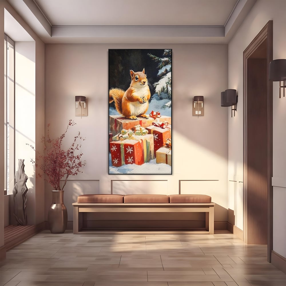 Leinwand Wandkunst Canvas Wall Art Premium, LuxCanva® D1072, Geschenk Hüter, Eichhörnchen, Boxen, Verpackung, Schenken, Schnee, Tannenbaum, Natur, Winter, Überraschung, Tier, Tier, Wild, Wald, Wild, Kinderzimmer, Wohnen, Schlafzimmer
