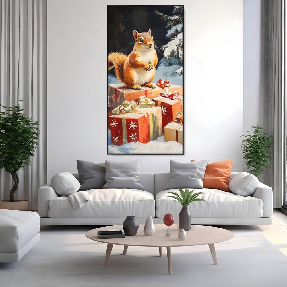 Leinwand Wandkunst Canvas Wall Art Premium, LuxCanva® D1072, Geschenk Hüter, Eichhörnchen, Boxen, Verpackung, Schenken, Schnee, Tannenbaum, Natur, Winter, Überraschung, Tier, Tier, Wild, Wald, Wild, Kinderzimmer, Wohnen, Schlafzimmer