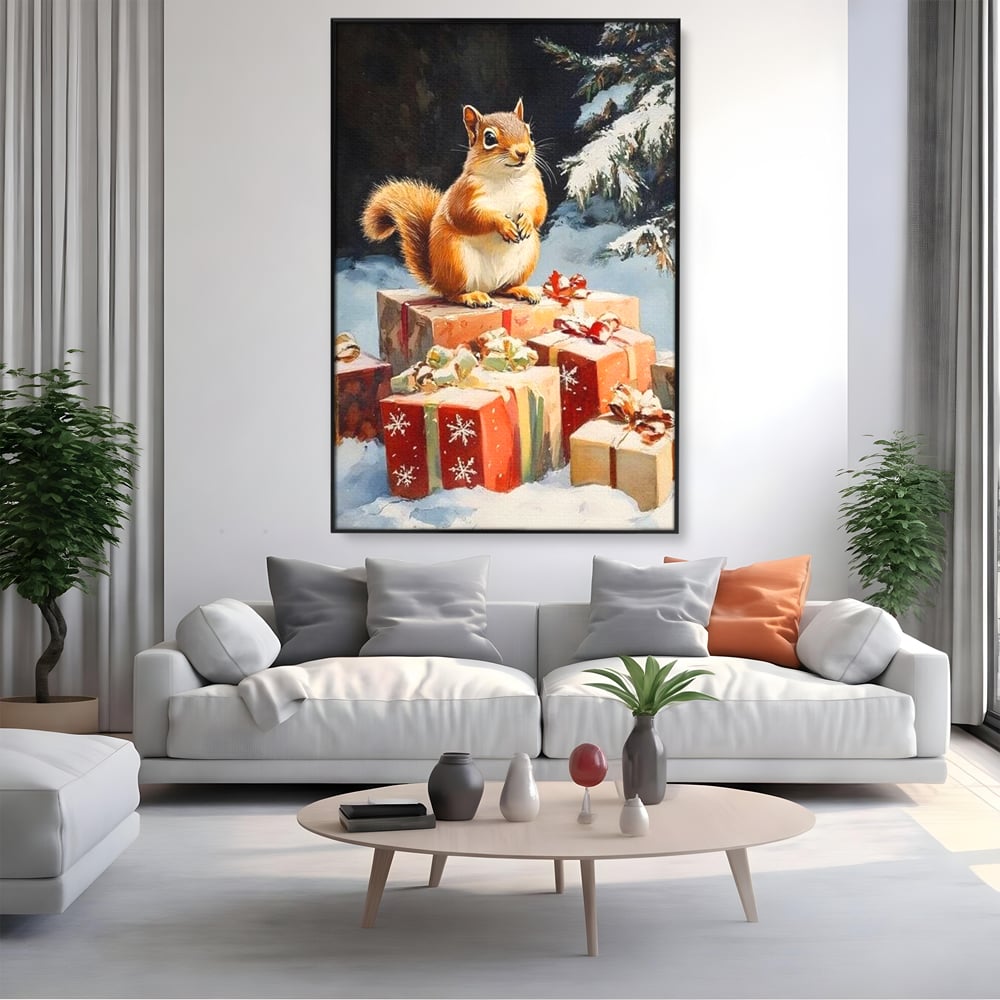 Leinwand Wandkunst Canvas Wall Art Premium, LuxCanva® D1072, Geschenk Hüter, Eichhörnchen, Boxen, Verpackung, Schenken, Schnee, Tannenbaum, Natur, Winter, Überraschung, Tier, Tier, Wild, Wald, Wild, Kinderzimmer, Wohnen, Schlafzimmer