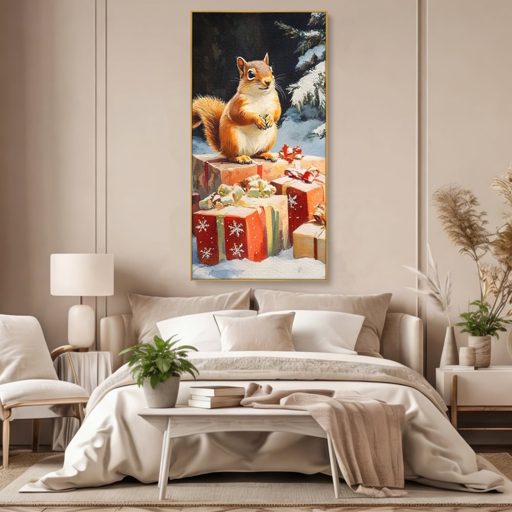 Leinwand Wandkunst Canvas Wall Art Premium, LuxCanva® D1072, Geschenk Hüter, Eichhörnchen, Boxen, Verpackung, Schenken, Schnee, Tannenbaum, Natur, Winter, Überraschung, Tier, Tier, Wild, Wald, Wild, Kinderzimmer, Wohnen, Schlafzimmer
