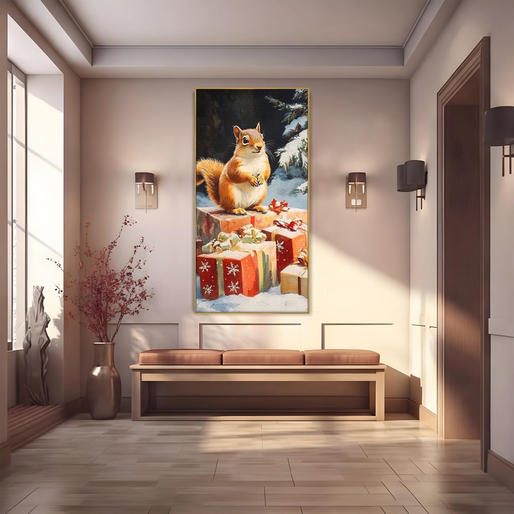 Leinwand Wandkunst Canvas Wall Art Premium, LuxCanva® D1072, Geschenk Hüter, Eichhörnchen, Boxen, Verpackung, Schenken, Schnee, Tannenbaum, Natur, Winter, Überraschung, Tier, Tier, Wild, Wald, Wild, Kinderzimmer, Wohnen, Schlafzimmer