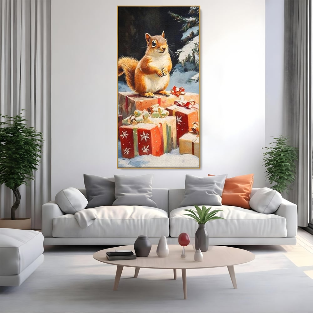 Leinwand Wandkunst Canvas Wall Art Premium, LuxCanva® D1072, Geschenk Hüter, Eichhörnchen, Boxen, Verpackung, Schenken, Schnee, Tannenbaum, Natur, Winter, Überraschung, Tier, Tier, Wild, Wald, Wild, Kinderzimmer, Wohnen, Schlafzimmer