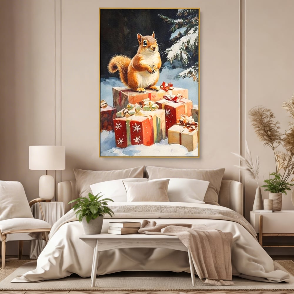 Leinwand Wandkunst Canvas Wall Art Premium, LuxCanva® D1072, Geschenk Hüter, Eichhörnchen, Boxen, Verpackung, Schenken, Schnee, Tannenbaum, Natur, Winter, Überraschung, Tier, Tier, Wild, Wald, Wild, Kinderzimmer, Wohnen, Schlafzimmer