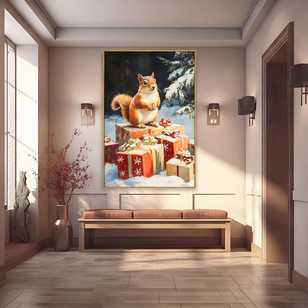 Leinwand Wandkunst Canvas Wall Art Premium, LuxCanva® D1072, Geschenk Hüter, Eichhörnchen, Boxen, Verpackung, Schenken, Schnee, Tannenbaum, Natur, Winter, Überraschung, Tier, Tier, Wild, Wald, Wild, Kinderzimmer, Wohnen, Schlafzimmer