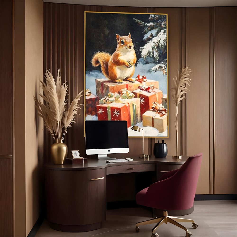 Leinwand Wandkunst Canvas Wall Art Premium, LuxCanva® D1072, Geschenk Hüter, Eichhörnchen, Boxen, Verpackung, Schenken, Schnee, Tannenbaum, Natur, Winter, Überraschung, Tier, Tier, Wild, Wald, Wild, Kinderzimmer, Wohnen, Schlafzimmer