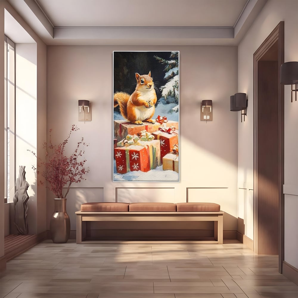 Leinwand Wandkunst Canvas Wall Art Premium, LuxCanva® D1072, Geschenk Hüter, Eichhörnchen, Boxen, Verpackung, Schenken, Schnee, Tannenbaum, Natur, Winter, Überraschung, Tier, Tier, Wild, Wald, Wild, Kinderzimmer, Wohnen, Schlafzimmer