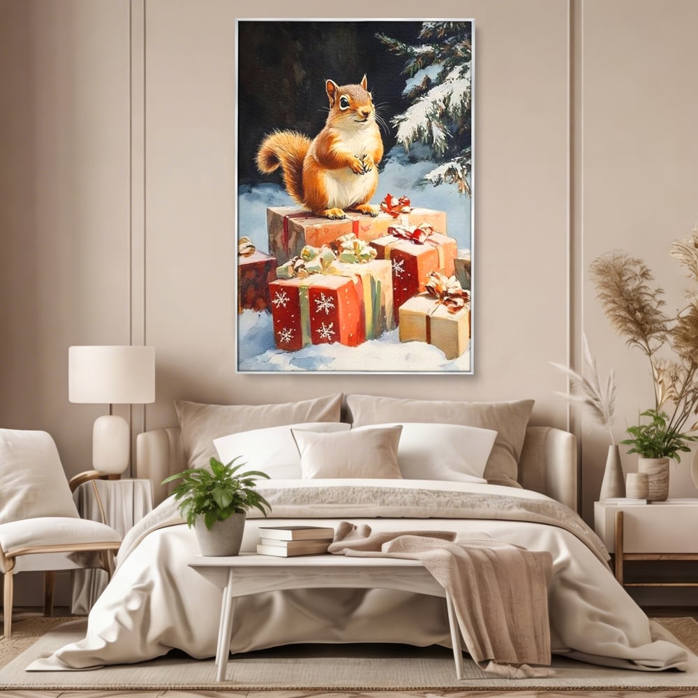 Leinwand Wandkunst Canvas Wall Art Premium, LuxCanva® D1072, Geschenk Hüter, Eichhörnchen, Boxen, Verpackung, Schenken, Schnee, Tannenbaum, Natur, Winter, Überraschung, Tier, Tier, Wild, Wald, Wild, Kinderzimmer, Wohnen, Schlafzimmer