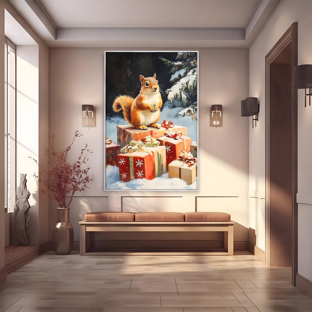Leinwand Wandkunst Canvas Wall Art Premium, LuxCanva® D1072, Geschenk Hüter, Eichhörnchen, Boxen, Verpackung, Schenken, Schnee, Tannenbaum, Natur, Winter, Überraschung, Tier, Tier, Wild, Wald, Wild, Kinderzimmer, Wohnen, Schlafzimmer