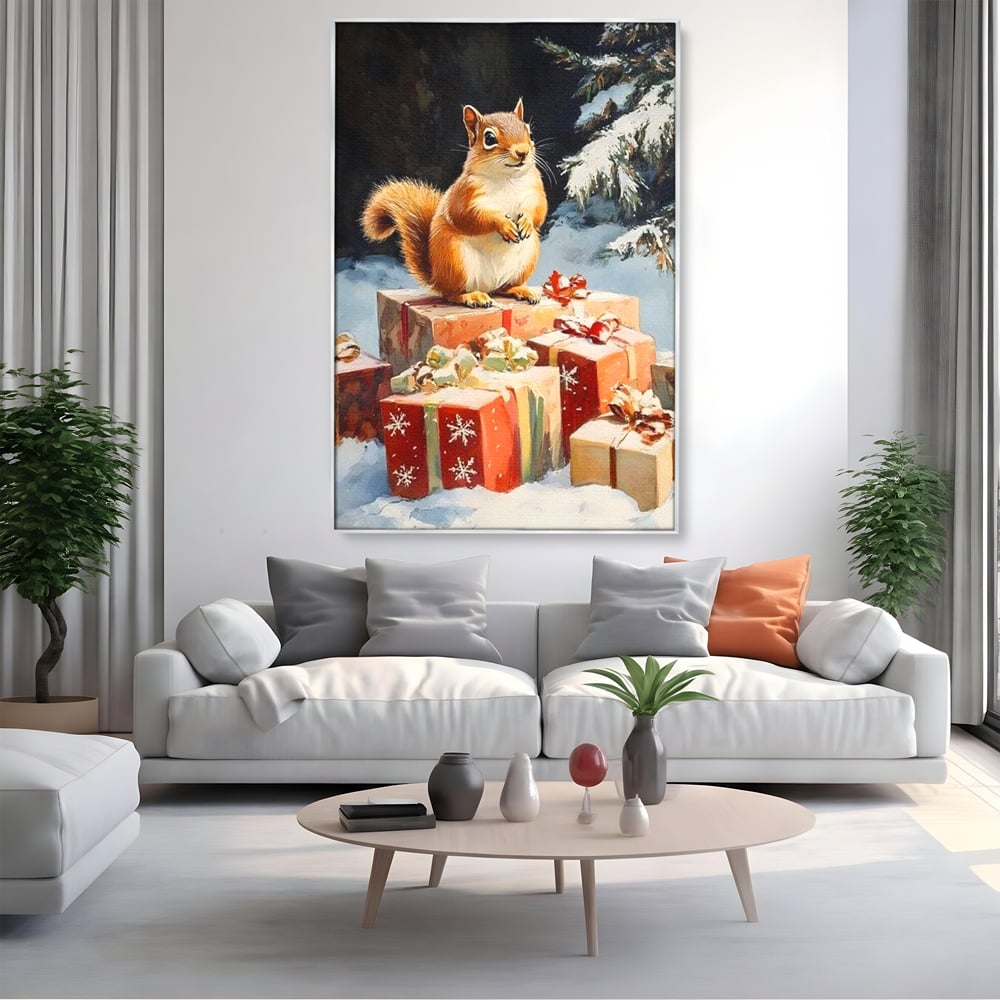 Leinwand Wandkunst Canvas Wall Art Premium, LuxCanva® D1072, Geschenk Hüter, Eichhörnchen, Boxen, Verpackung, Schenken, Schnee, Tannenbaum, Natur, Winter, Überraschung, Tier, Tier, Wild, Wald, Wild, Kinderzimmer, Wohnen, Schlafzimmer