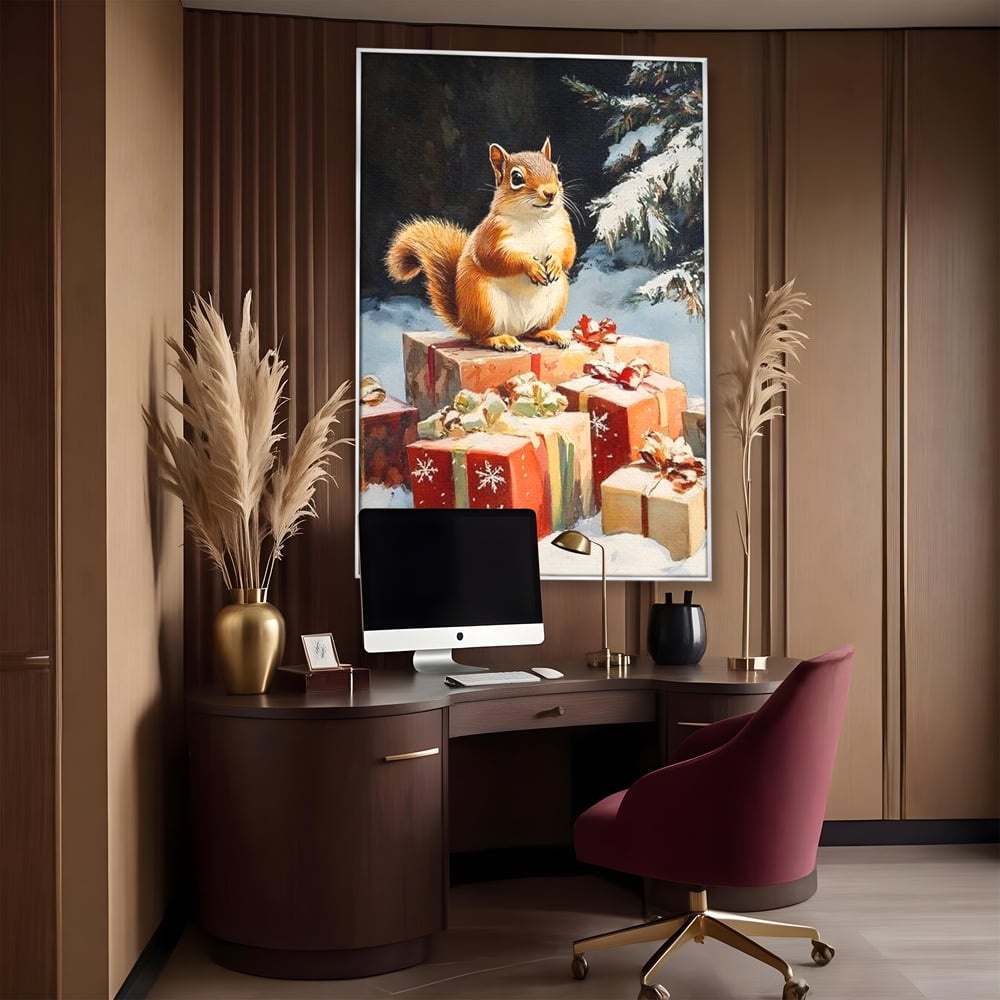 Leinwand Wandkunst Canvas Wall Art Premium, LuxCanva® D1072, Geschenk Hüter, Eichhörnchen, Boxen, Verpackung, Schenken, Schnee, Tannenbaum, Natur, Winter, Überraschung, Tier, Tier, Wild, Wald, Wild, Kinderzimmer, Wohnen, Schlafzimmer