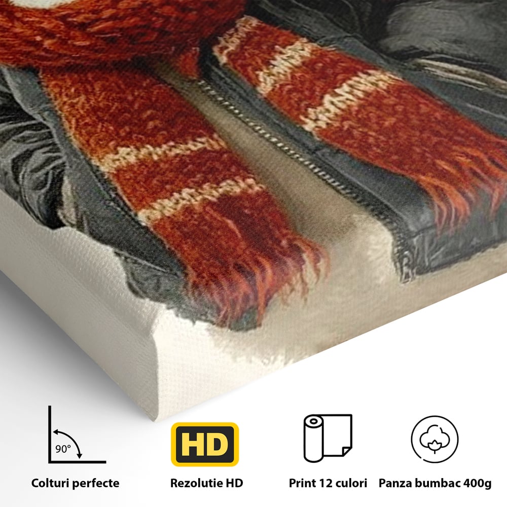 Tablou Canvas Premium, LuxCanva® D1073, Mos Rata,  Craciun, Caciula, Fular, Rosu, Geaca, Haios, Originalitate, Umor, Veselie, Pene, Plimbare, Ograda, Fashion, Copilarie, Camera Copil, Living, Dormitor