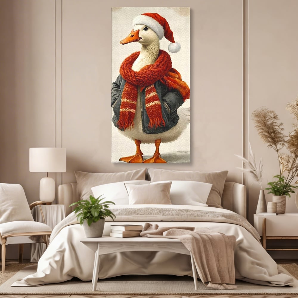 Tablou Canvas Premium, LuxCanva® D1073, Mos Rata,  Craciun, Caciula, Fular, Rosu, Geaca, Haios, Originalitate, Umor, Veselie, Pene, Plimbare, Ograda, Fashion, Copilarie, Camera Copil, Living, Dormitor