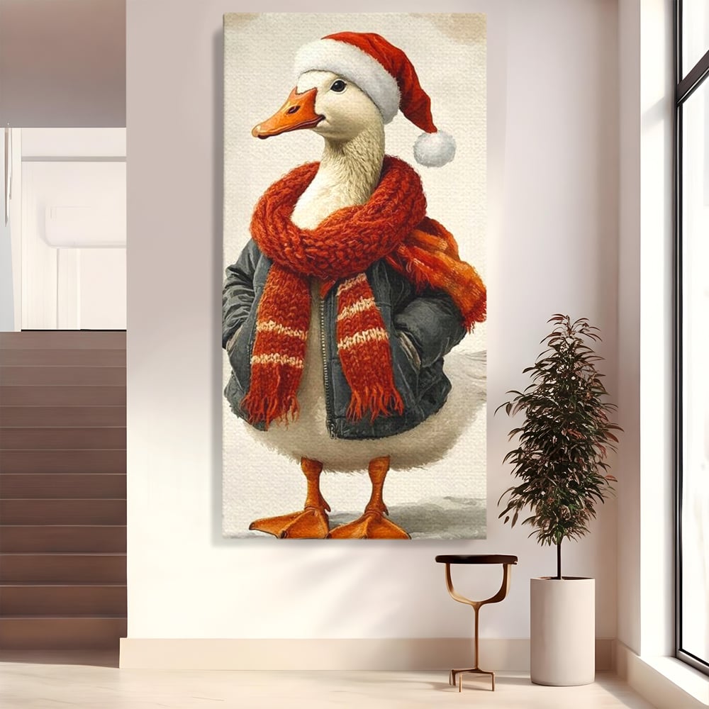 Tablou Canvas Premium, LuxCanva® D1073, Mos Rata,  Craciun, Caciula, Fular, Rosu, Geaca, Haios, Originalitate, Umor, Veselie, Pene, Plimbare, Ograda, Fashion, Copilarie, Camera Copil, Living, Dormitor
