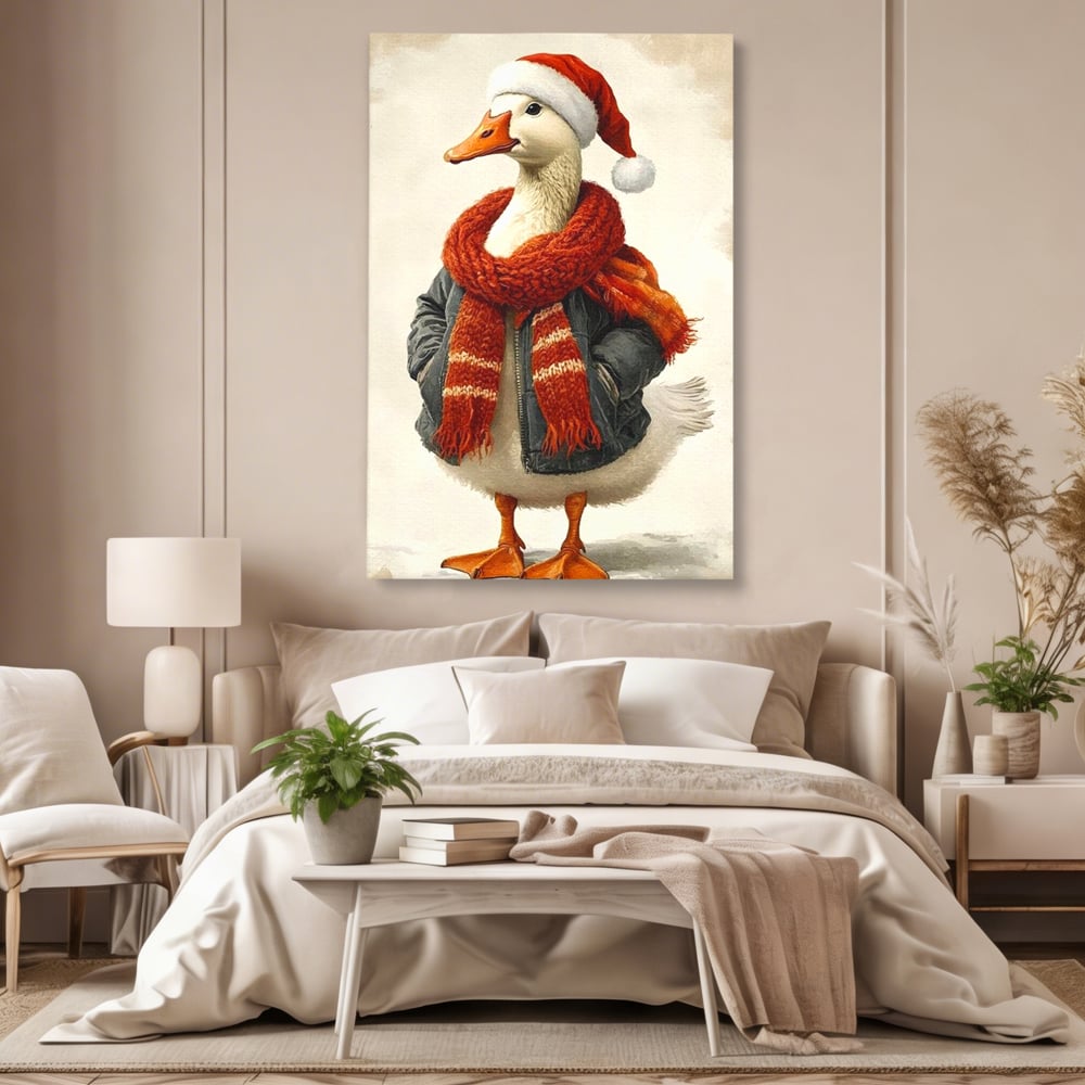 Tablou Canvas Premium, LuxCanva® D1073, Mos Rata,  Craciun, Caciula, Fular, Rosu, Geaca, Haios, Originalitate, Umor, Veselie, Pene, Plimbare, Ograda, Fashion, Copilarie, Camera Copil, Living, Dormitor