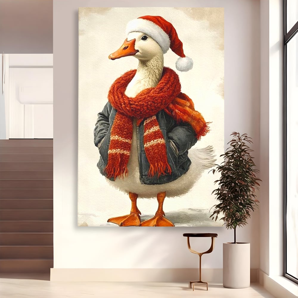Tablou Canvas Premium, LuxCanva® D1073, Mos Rata,  Craciun, Caciula, Fular, Rosu, Geaca, Haios, Originalitate, Umor, Veselie, Pene, Plimbare, Ograda, Fashion, Copilarie, Camera Copil, Living, Dormitor